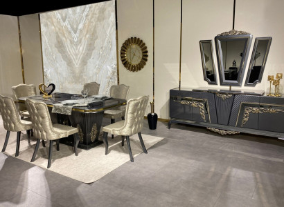 Esszimmer Set 9 tlg. Esstisch + 6x Stühle Anrichte mit Spiegel Grau neu